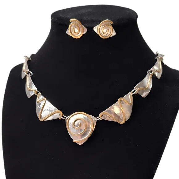 Vintage Sterling Silver Bronze Swirl Hand wrought Modernist Necklace Earring Set - Picture 1 of 15